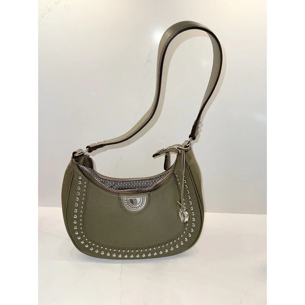 Brighton H4391V Jem Olive Green Studded Leather Shoulder Bag Purse Hobo Dust Bag